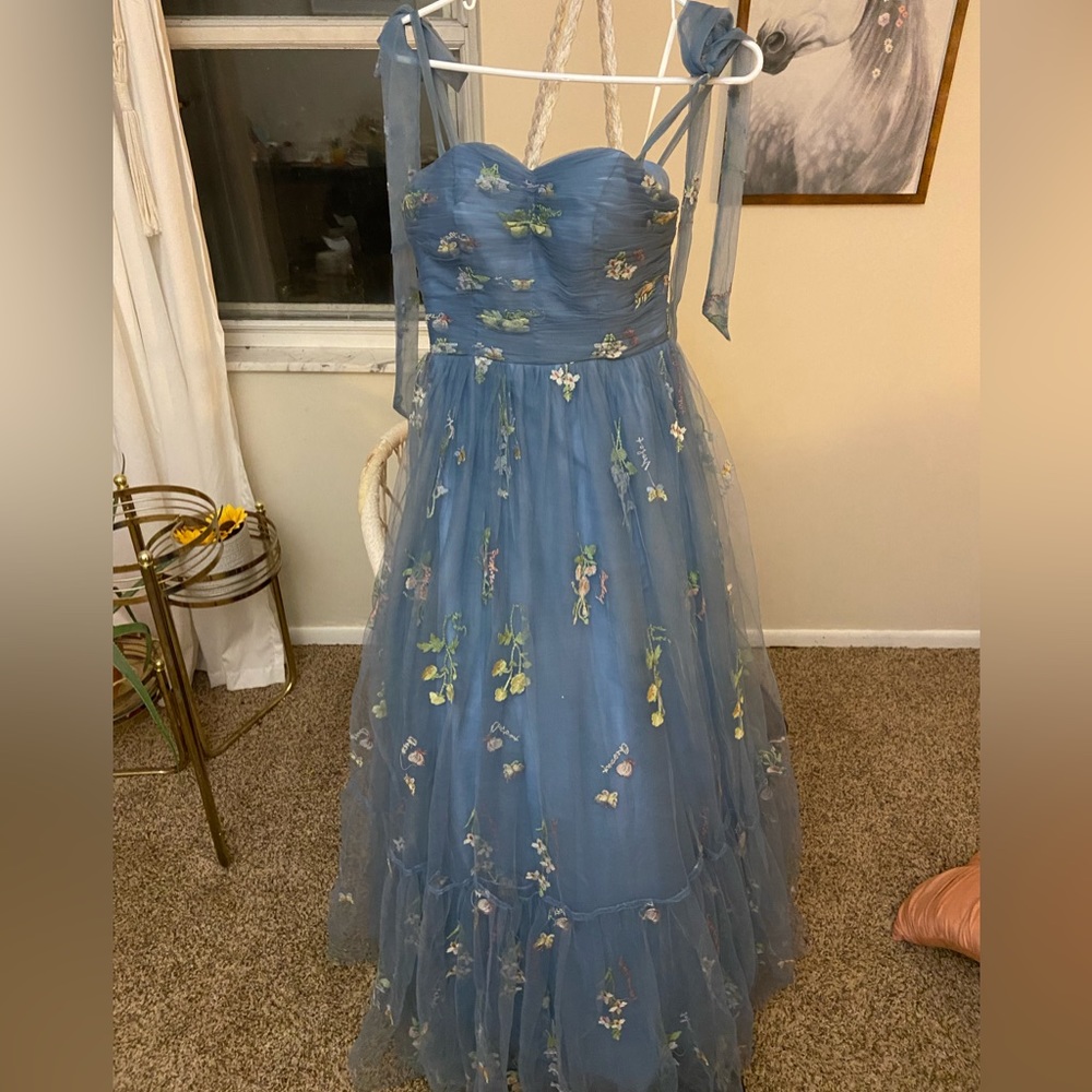 Blue Floral Tulle Prom Dress